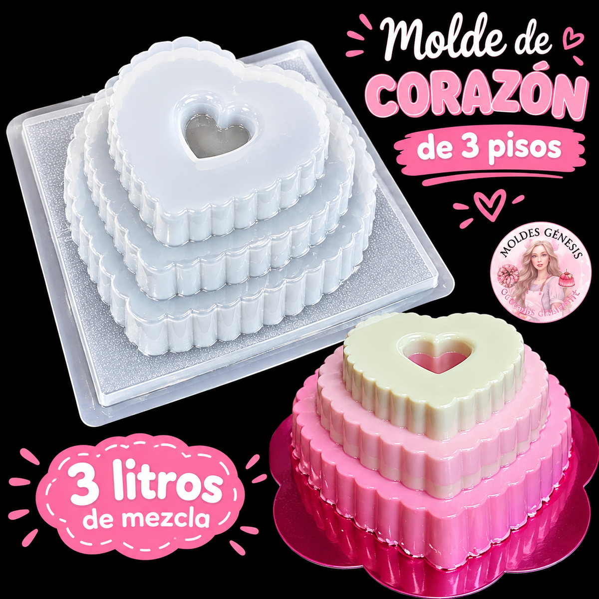 Molde de 3 pisos en forma de corazón ♥️